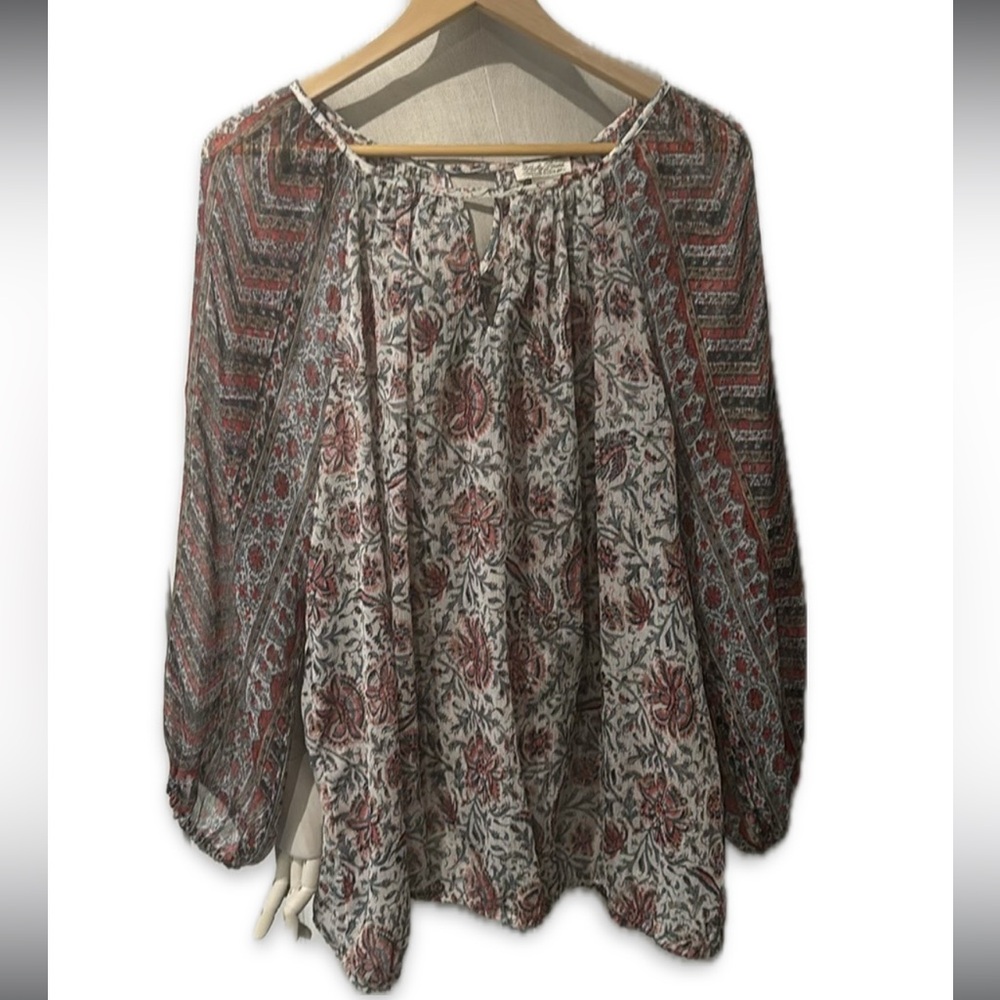 Lucky Brand Blouse Womens 2X Chiffon Gauze Sheer Floral Multicolor Peasant Beach